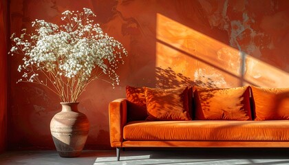 Cozy living space with an orange couch and vase of white flowers