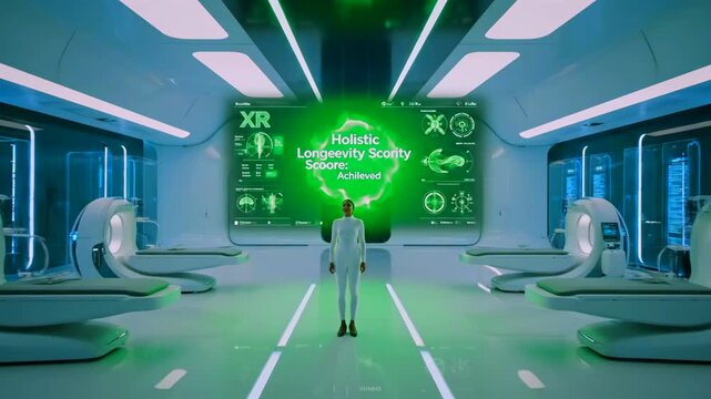 xr lab with longevity dashboard displaying health metrics and achieved score scientist stands in sterile capsule room, green holographic charts show vitals and genomics, calm clinical mood,