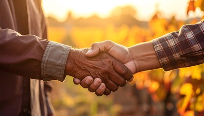 Two individuals shaking hands in a vineyard, backlit by the setting sun