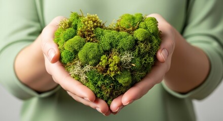Hands holding a mossy heart