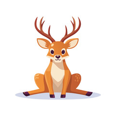 A cartoon deer with antlers sitting on the ground, viewed from the front, in a simple environment, depicted in a graphic illustration style