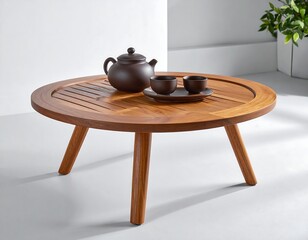 A wooden coffee table with a teapot and two cups
