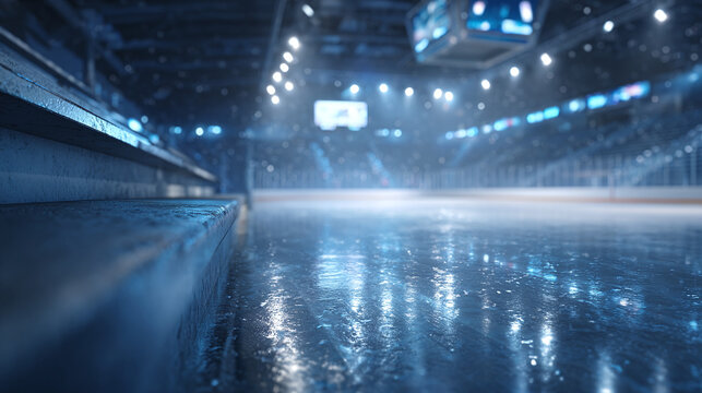 An empty ice hockey rink. The image captures the serene atmosphere of an ice hockey arena