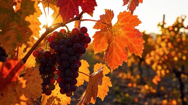 Sunlit vineyard with ripe grapes and autumnal foliage