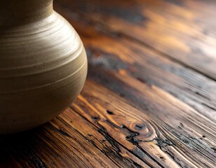 A ceramic vase on a textured, warm-toned wooden surface