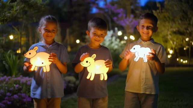 Three children holding glowing animal-shaped night lights in a garden.