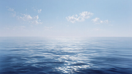 Obraz premium A vast expanse of tranquil ocean under a clear, cloud-dotted sky. The water reflects the sunlight, creating a shimmering effect