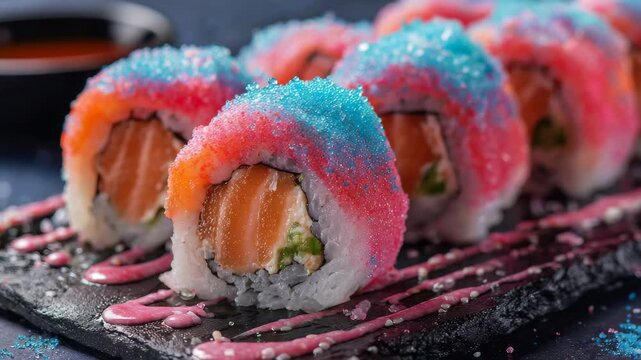 Sushi rolls with vibrant sugar coating and fresh salmon, Sushi rolls featuring a bright sugar coating and fresh salmon