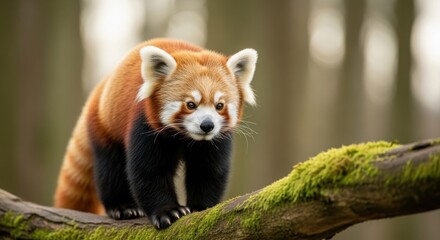 Fototapeta premium Red panda on a mossy branch, looking alert in a blurred forest setting