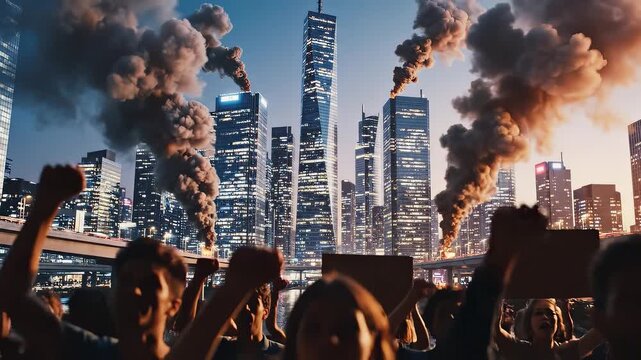 Protestors demonstrate against pollution in a smog-filled city skyline