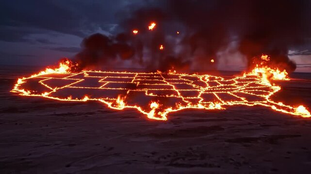 USA map on fire burning at dusk in desolate landscape