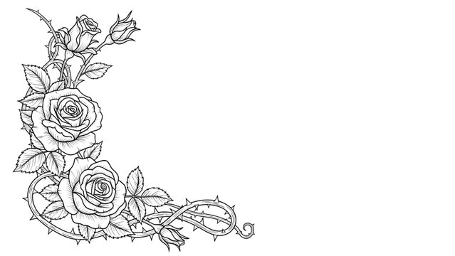 Rose and Thorns Corner Border - Black and White Line Art