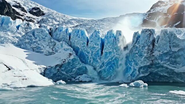 A blue glacier calving a waterfall into icy water