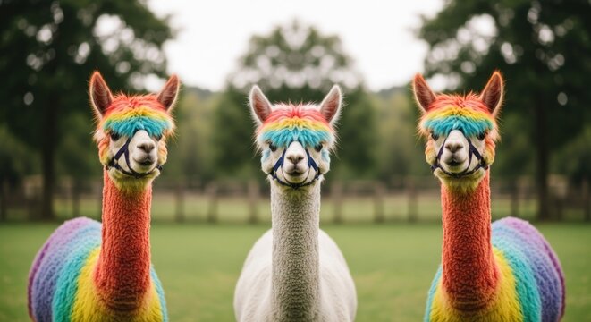 Symmetrical image of three alpacas, two painted with rainbow colors
