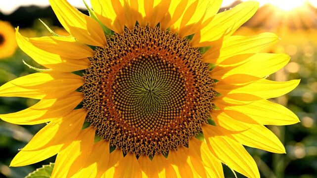 Cinematic slow-motion close-up of a vibrant yellow sunflower blooming in nature, showcasing the intricate golden petal spiral pattern under warm summer sunlight in stunning high definition detail.