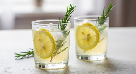 Fototapeta premium Two glasses of iced lemon drinks, rosemary sprigs on a textured surface