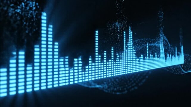Cinematic slow motion visualization of a luminous blue sound wave audio signal with a glowing digital pulse and electronic equalizer frequency bars representing modern music technology in 4K.