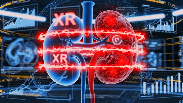 kidney hologram with glowing tumor lesion and segmentation rings. oncologyfocused scene shows lesion mapping, biopsy planning cues, radiology metrics and ablation planning in augmented