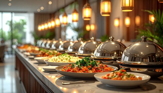 Lavish buffet spread showcasing diverse gourmet dishes and culinary delights. Elegant dining hall with warm ambient lighting, inviting a premium culinary experience