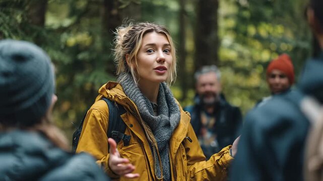 Young woman tour guide talking to group of tourists in forest, Young woman tour guide engaging with a group of tourists in a lush forest