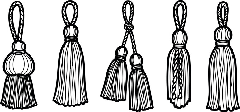 Black and white hand drawn vector tassel set with varied decorative knots and loops in minimalist line art style isolated on white
