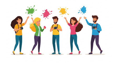 Obraz premium Group of diverse friends celebrating with colorful paint splatters vector illustration of happy people with cameras for photography concept isolated on white background