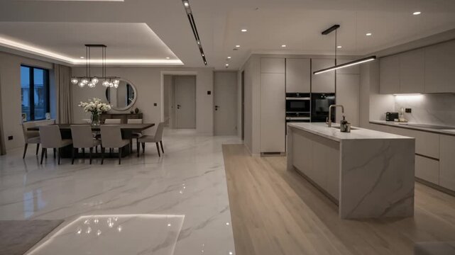 Modern Open Plan Living Room and Kitchen with Marble Accents