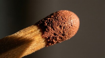 Close-up of wooden stick with brown powder, texture detail, dark background, macro shot