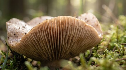 Close-up of mushrooms growing in forest, natural setting, earthy tones, organic texture, wild fungi