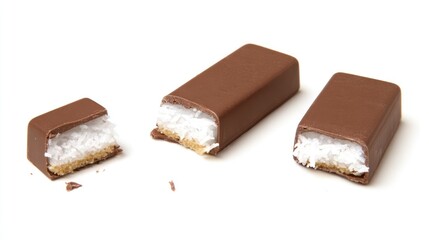 Three chocolate-covered candy bars; one broken, revealing coconut filling and shortbread