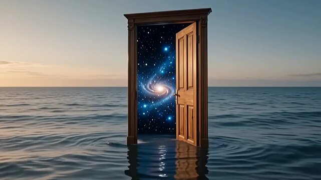 Surreal Wooden Door Opening to Galaxy in the Ocean - 3D Render Animation