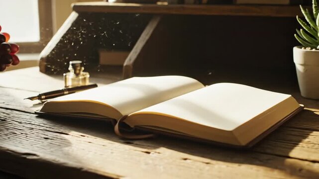 Subtle slow horizontal pan across a rustic study desk setup featuring a blank notebook and fresh generic fruit illuminated by shifting window light rustic, generic, lighting
