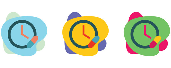 Time to take medicine icon vector set, medicine and clock concept, time to take pills and capsules flat vector illustration isolated on white background.