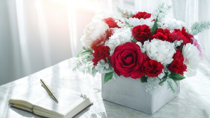 Floral arrangement in a square vase sits next to an open book and pen on a marble surface