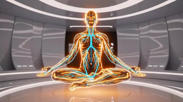 Glowing figure meditates while levitating within dynamic energy environment, Luminous avatar hovers serenely in smooth chamber surrounded by vibrant pulsating energy pathways