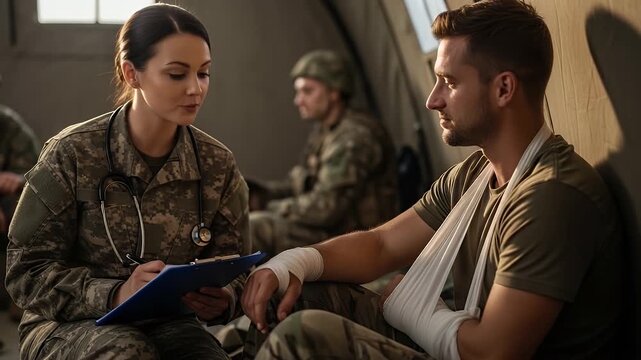 military medical consultation with injured soldier in camp tent