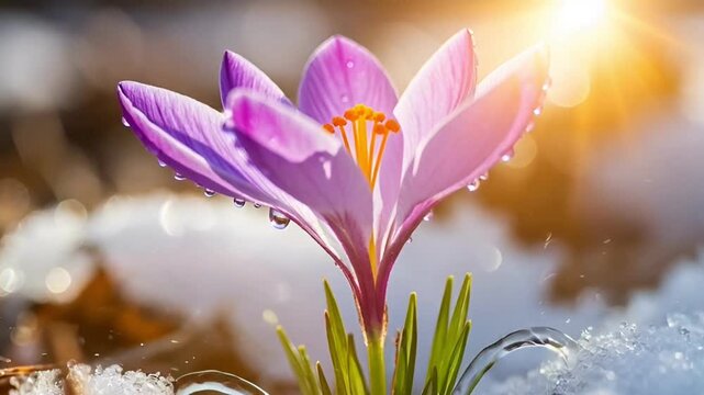 Purple crocus flower blooming in melting snow under sunlight representing spring resilience