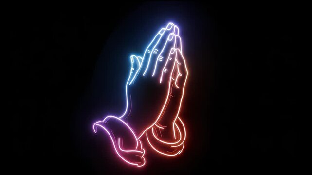 neon praying hands glow in rainbow colors against dark background