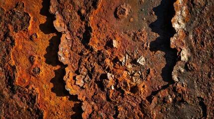 Close-up of rusted metal surface with texture and patina, industrial decay, orange and brown hues, abstract background