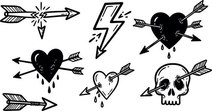 Vintage tattoo flash style broken arrow and black heart pierced by arrows with dripping blood and skull with arrows in eyes