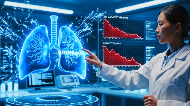 Modern laboratory analyzing lung infections visually, Doctor utilizes touchscreen technology and detailed charts to evaluate respiratory disease in contemporary laboratory setting