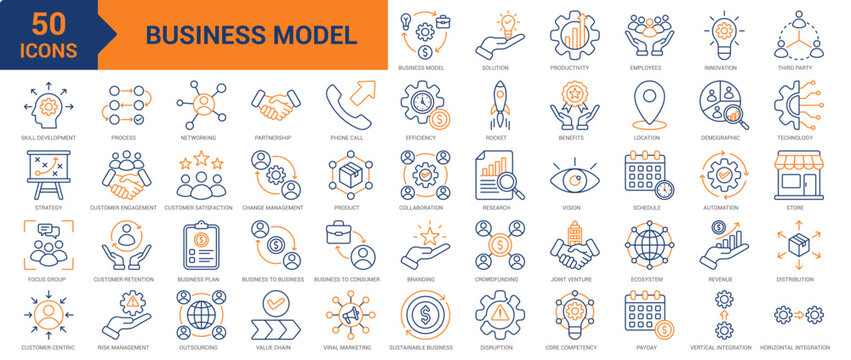 Business Model colored line icon collection set. Containing solution, productivity, employee, innovation, third party, skill development, strategy, focus group, customer-centric, research icons