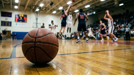 Naklejka premium Basketball game action high school gym sports event indoor environment close-up view team competition