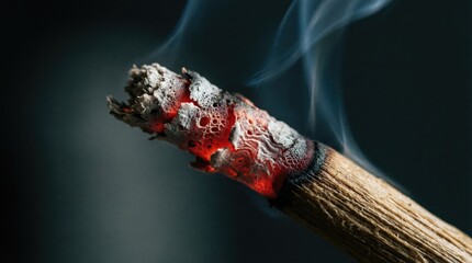 Burning stick with smoke, red embers, dark background, macro shot, dramatic effect