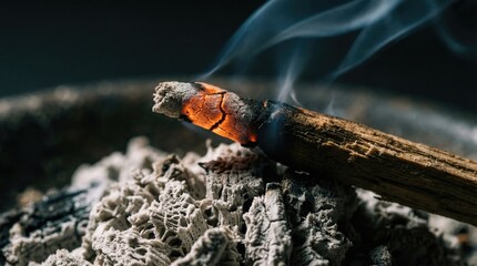 Burning stick emitting smoke on ashen ground, close-up, natural, rustic, glowing embers