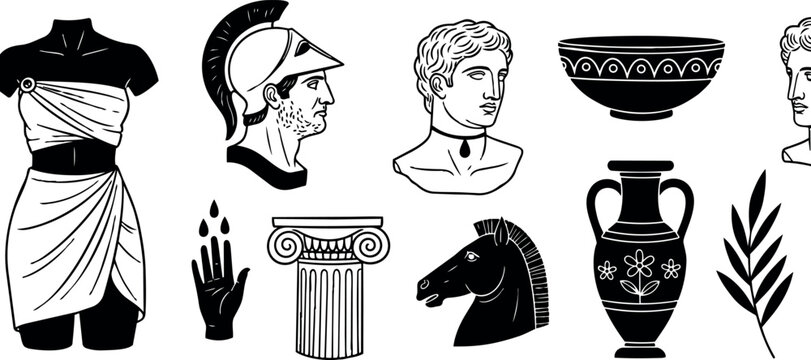 Ancient greek classical helmet bust statue column horse head vase and draped clothing vector art set in navy blue
