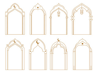 Ramadan Islamic arch frame with ornament, crescent, moon and lantern vector illustration