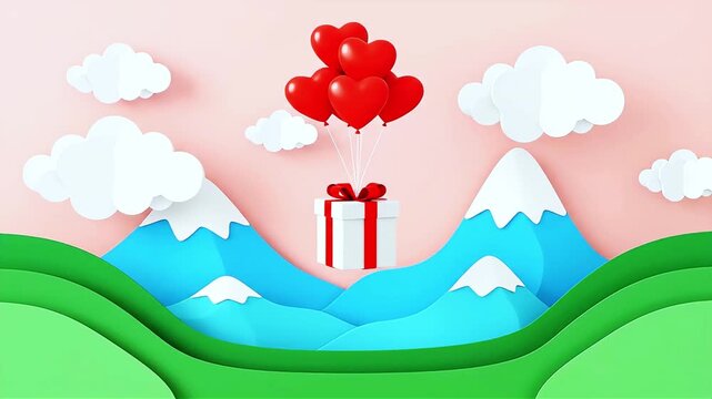 A professional paper-cut animation featuring a gift box floating with red heart balloons over scenic mountains perfect for romantic gift reveals