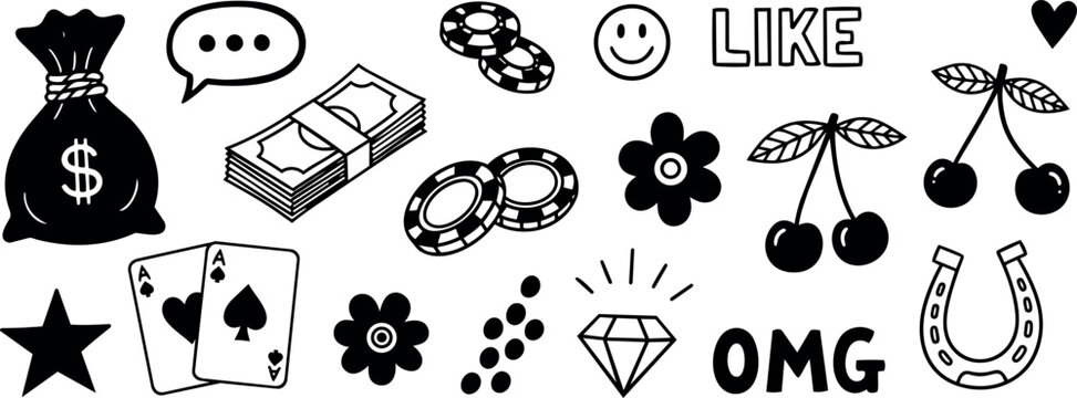 Black and white hand drawn icons money bag stacks of cash poker chips playing cards diamonds cherries horseshoe gambling symbols vector art