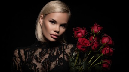 A blond woman in lace dress, holding a bouquet of red roses against a black background